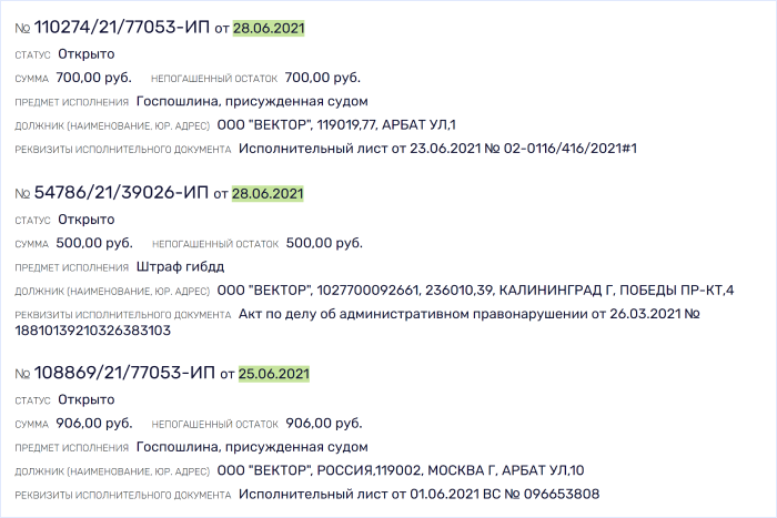 Сведения о размере задолженности по базе ФССП в сервисе Rusprofile
